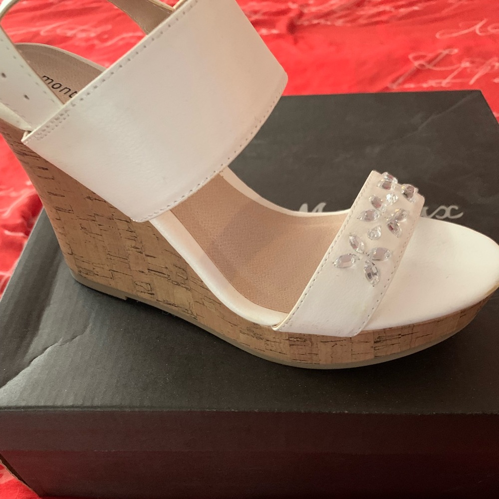 Women's White Jewel-Embellished Cork Wedge Sandals